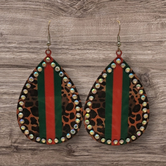 Leopard And Stripe Metal Teardrop Earrings New - Picture 2 of 3